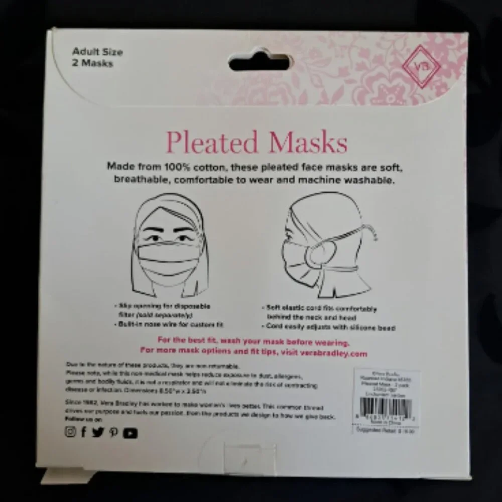 Vera Bradley Water Bouque Black Pleated Mask 2 pack NEW in package